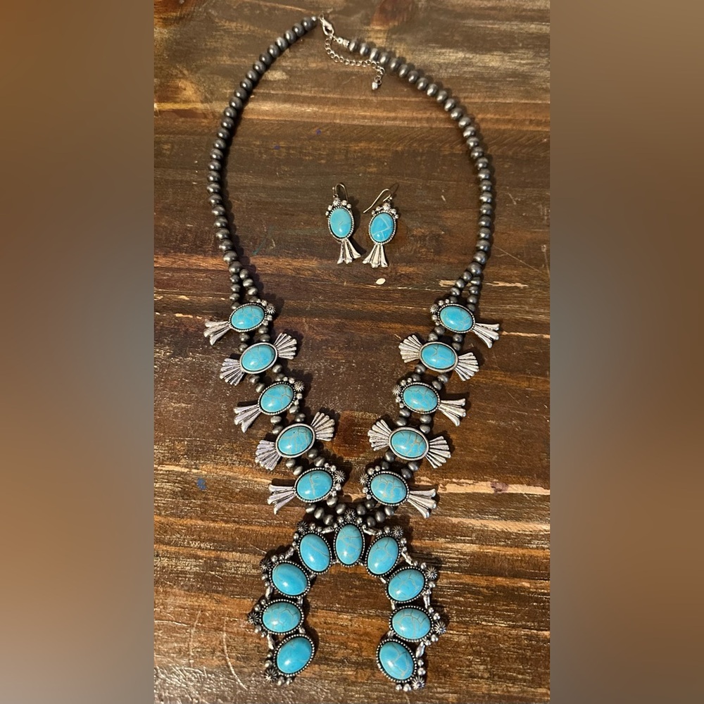 Turquoise Squash Blossom Necklace and Earring Set